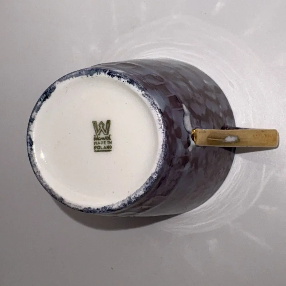 Vintage Wawel Poland Mid Century Demitasse Cup & Saucer Set 3 Blue Marbled Gold